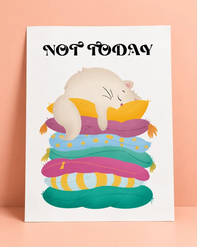 Plakat Not today z kotem na kolorowych poduszkach